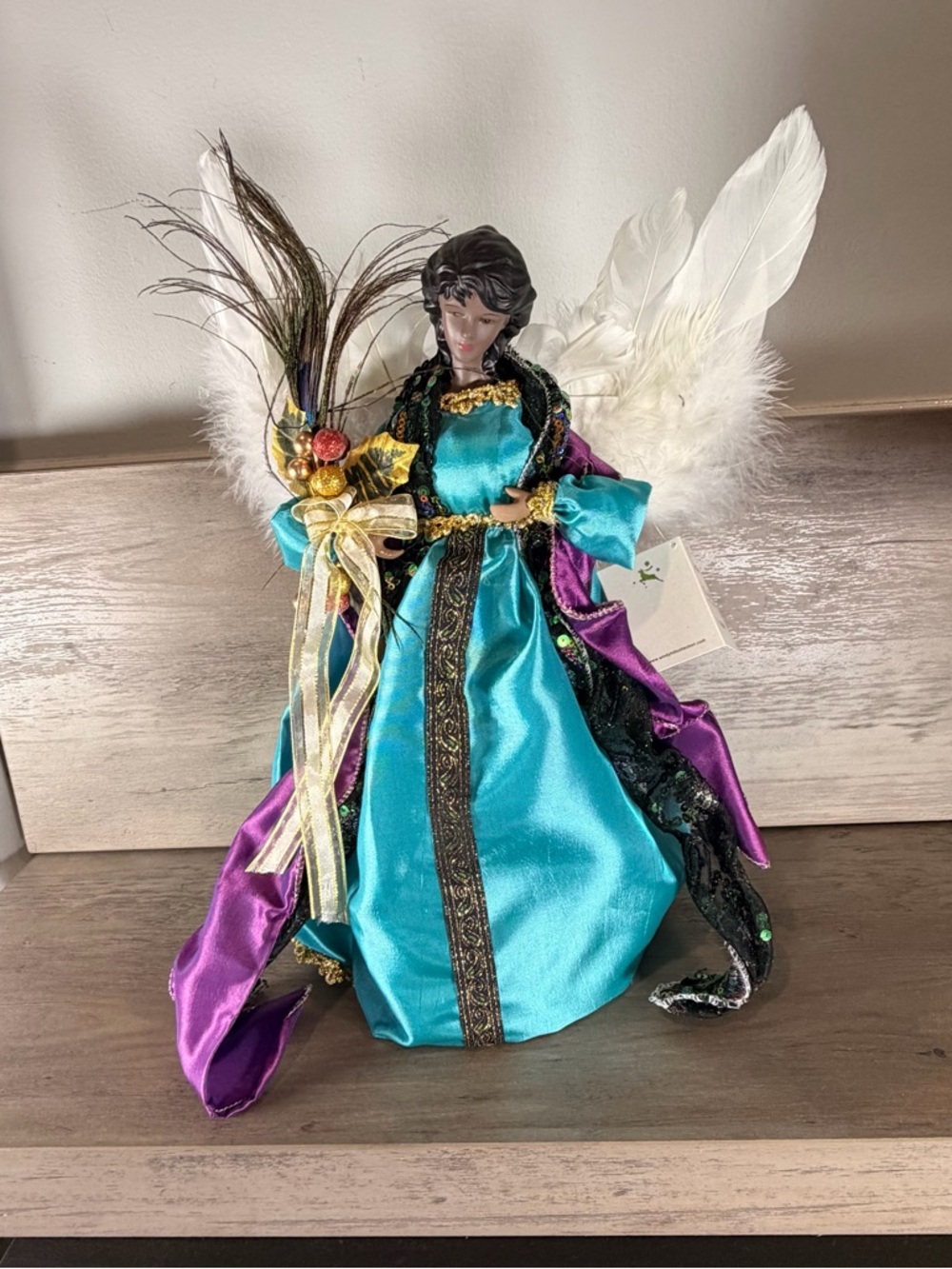 Teal and Purple Angel Tree Topper with White Feather Wings